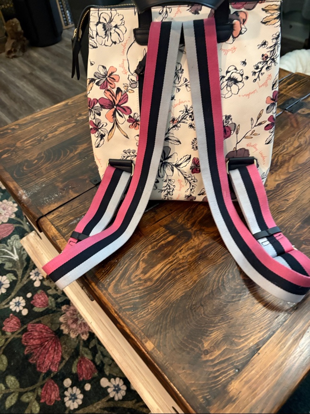 RADLEY LONDON Cream Floral Backpack with Pink and Black Trim - Picture 2 of 4